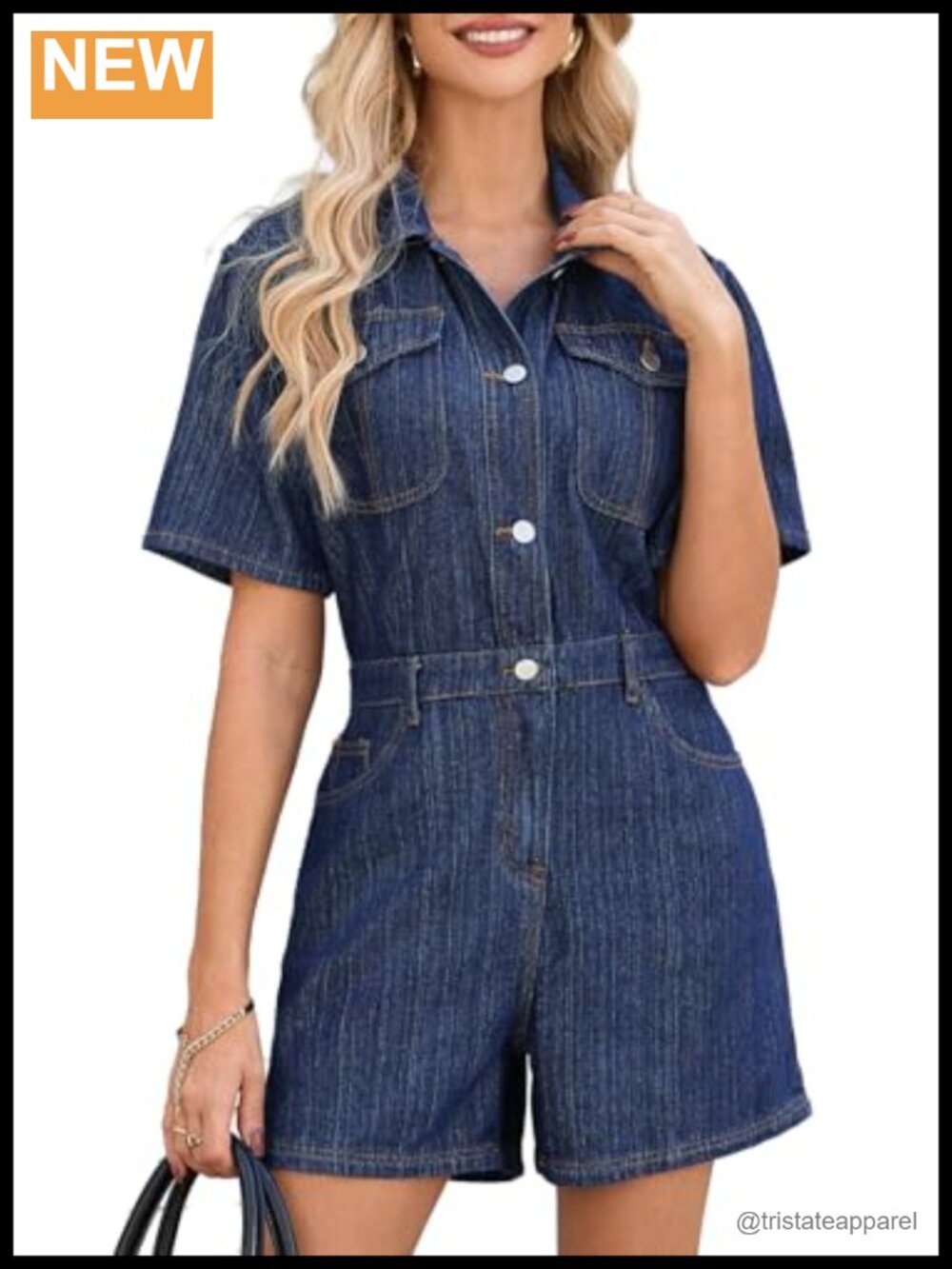 Distressed Denim Jumpsuit Short Sleeve Lapel Button Down Jean Romper Overall